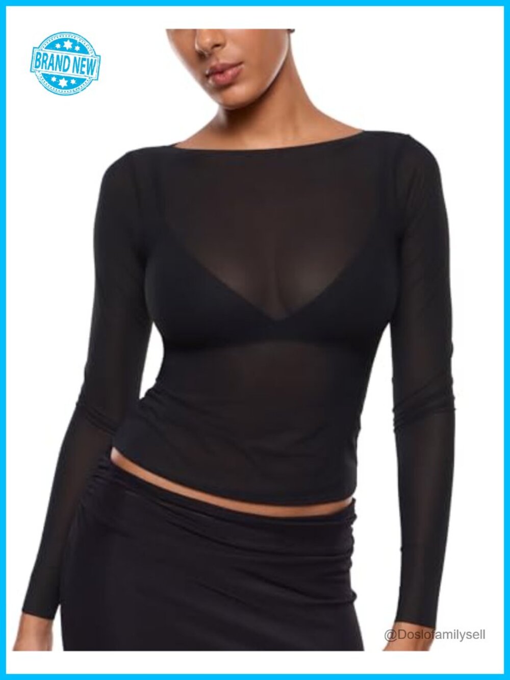 Mesh Sheer Boat Neck Long Sleeve Top Slim Fit Peasant Blouse